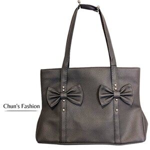 Women's Gray Medium Sized Faux Leather Shoulder Bag w/ Bows & Silver-Toned Studs